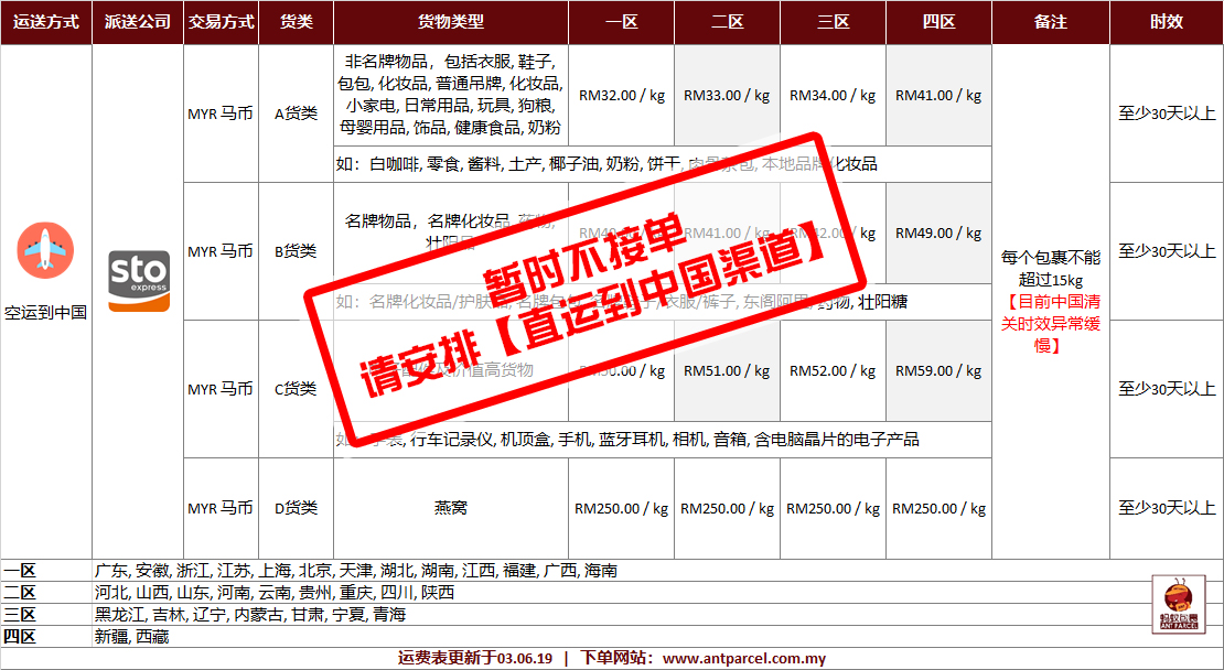 马来西亚快递空运到中国运费 -暂停接单