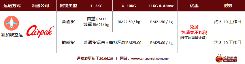 新加坡空运费
