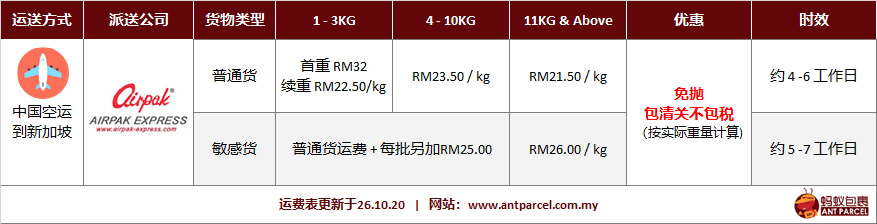 新加坡空运费